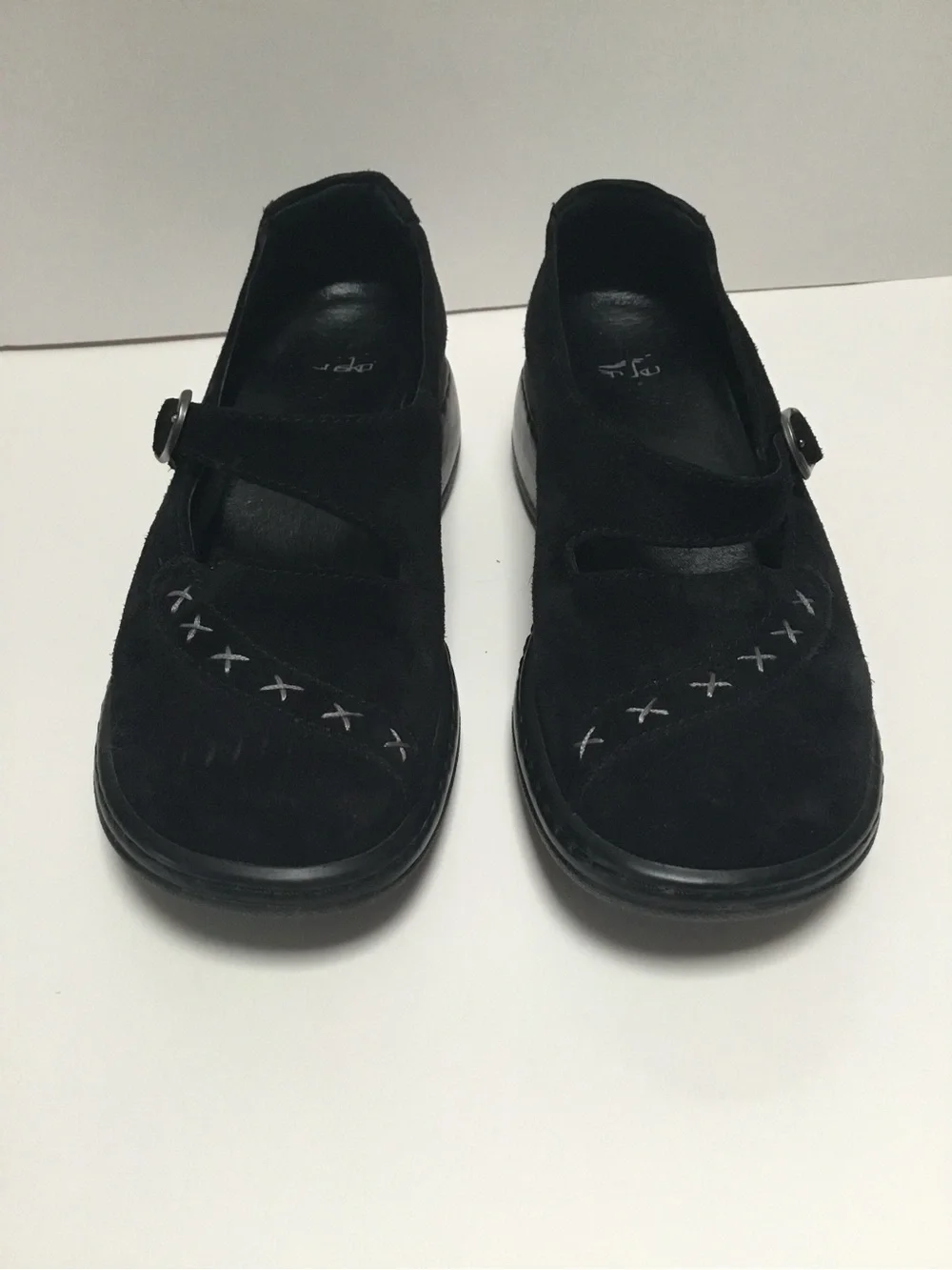 Dansko Black Suede Mary Jane Flats with Cross-Stitch Detail